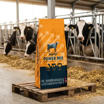 Sac PANTO Power Mix 25 kg pe palet în grajd, cu vaci Holstein în boxe în fundal