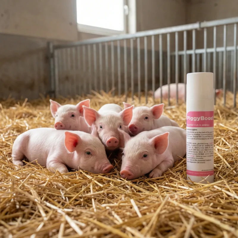 purcei nou născuți sănătoși pe paie lângă flaconul de PiggyBoost supliment energetic